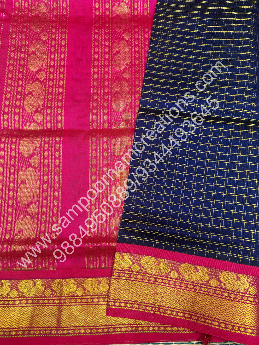 Dark Blue with Pink , Rich Zari  Checks in the body and Traditional Border , Grand Pallu Pure Korvai Silk Cotton Saree