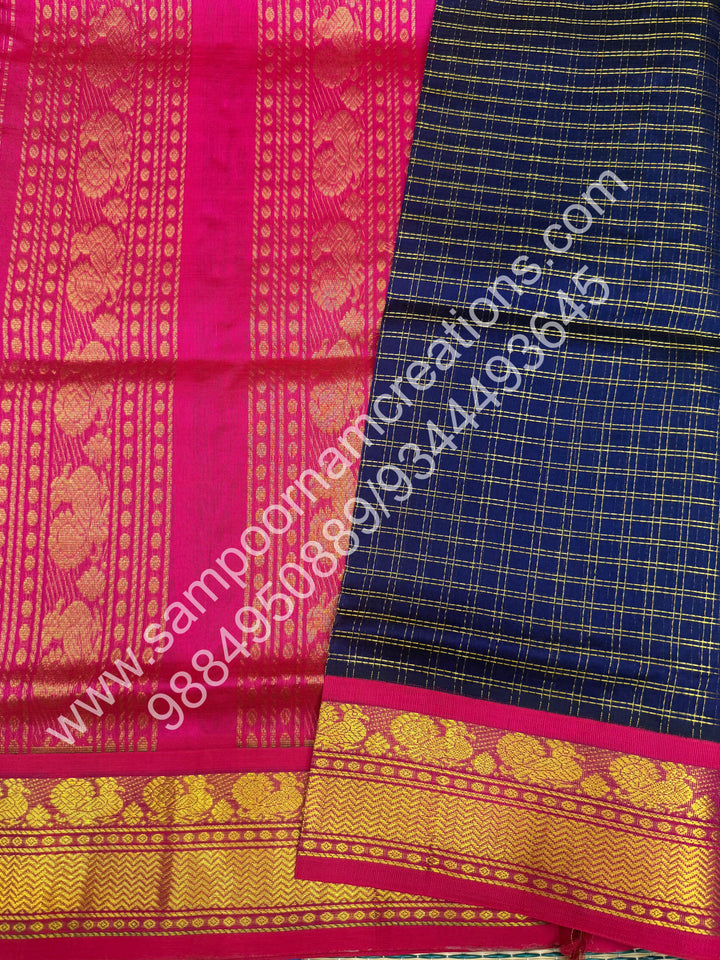 Dark Blue with Pink , Rich Zari  Checks in the body and Traditional Border , Grand Pallu Pure Korvai Silk Cotton Saree