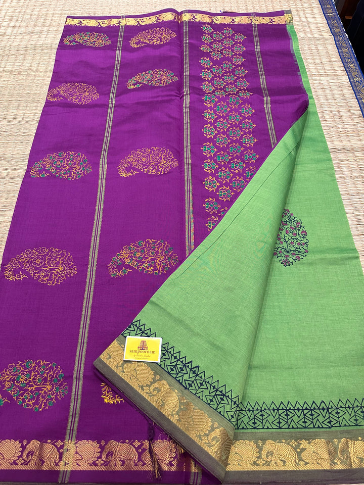 Green With Purple Handblock Printed Semi Silk Cotton