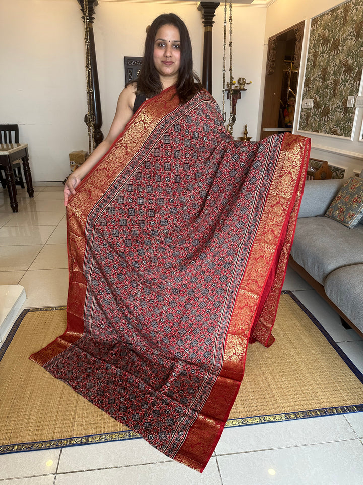 Red Ajrakh Natural Handblock Printed , Minakari Rich Border and Pallu Pure Dola Silk Saree