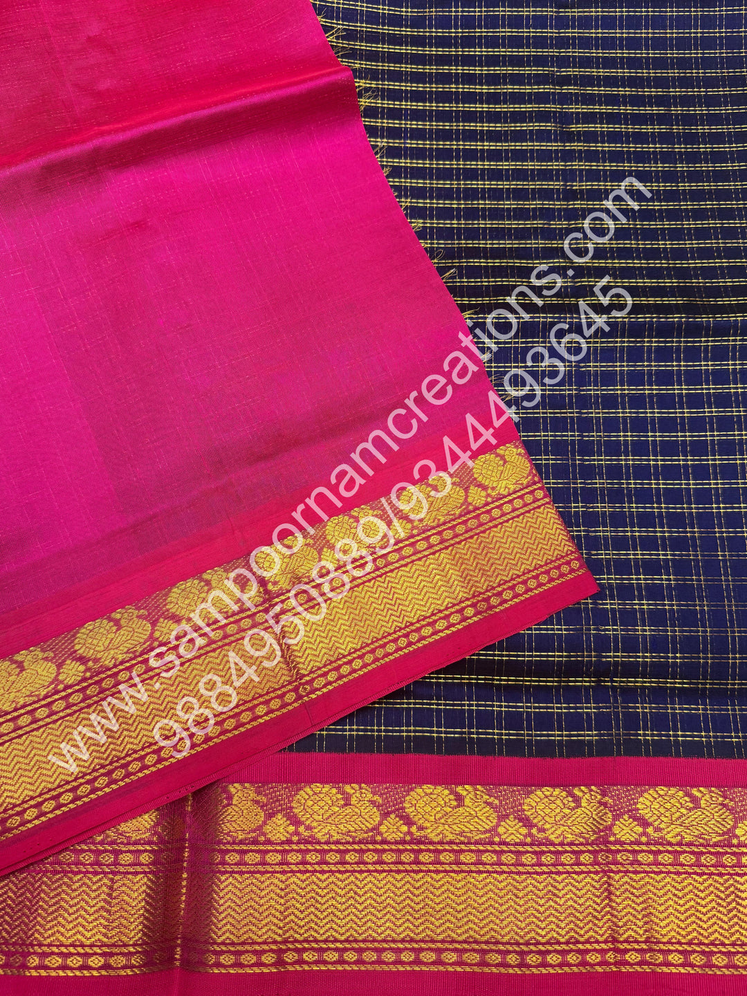 Dark Blue with Pink , Rich Zari  Checks in the body and Traditional Border , Grand Pallu Pure Korvai Silk Cotton Saree