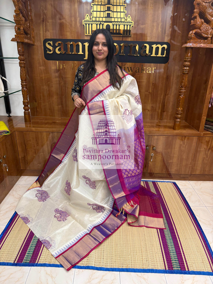 White with Magenta, Tissue Temple Border, Annam Handblock Printed Korvai SIlk Cotton Saree