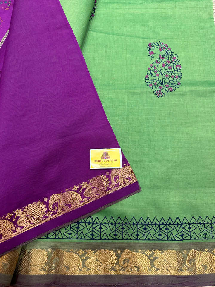 Green With Purple Handblock Printed Semi Silk Cotton