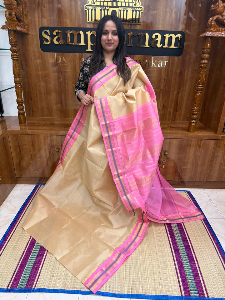 Light Beige with Baby Pink, Traditional Borders and Rich Pallu Korvai Silk Cotton Saree