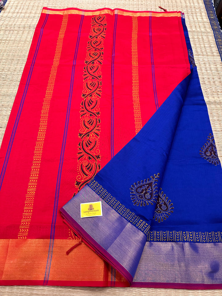 Blue with Red Handblock Printed Semi Silk Cotton Saree