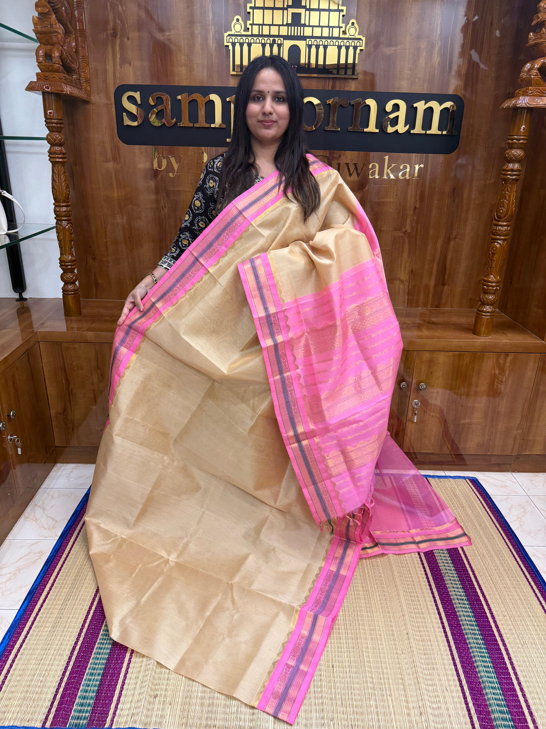 Light Beige with Baby Pink, Traditional Borders and Rich Pallu Korvai Silk Cotton Saree