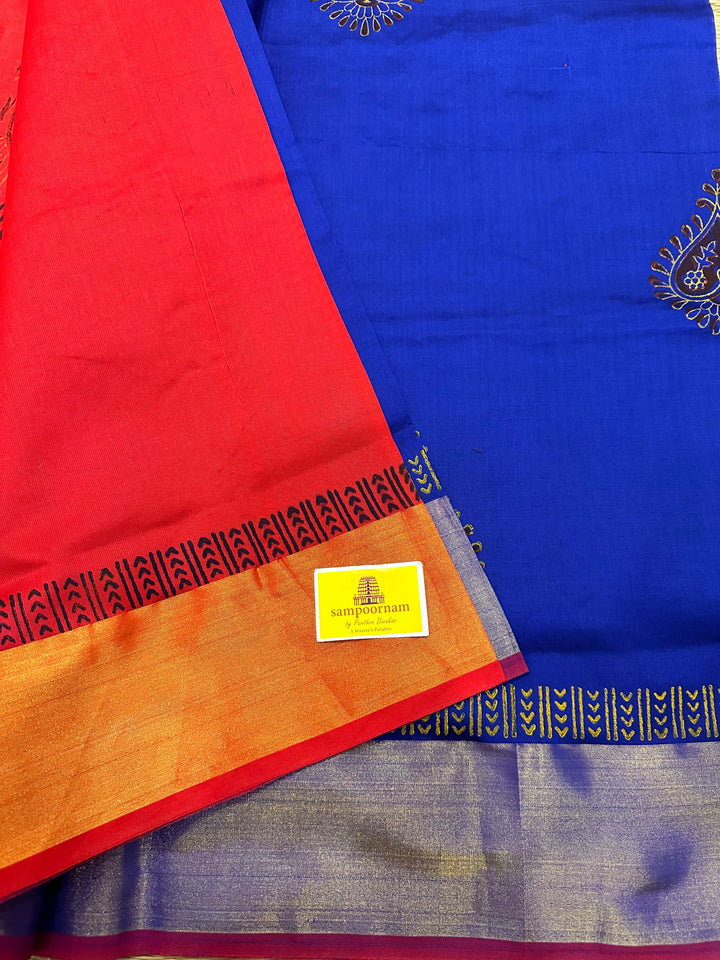 Blue with Red Handblock Printed Semi Silk Cotton Saree