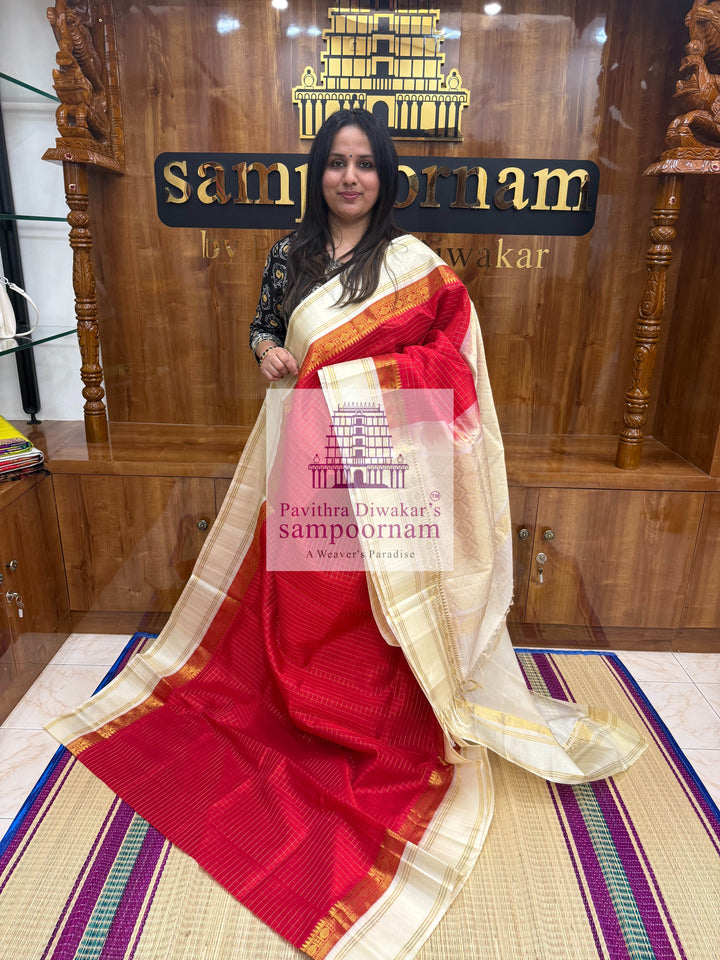 Red with Offwhite, Zari Body Checks, Rettapet Border and Grand Pallu Korvai Silk Cotton Saree