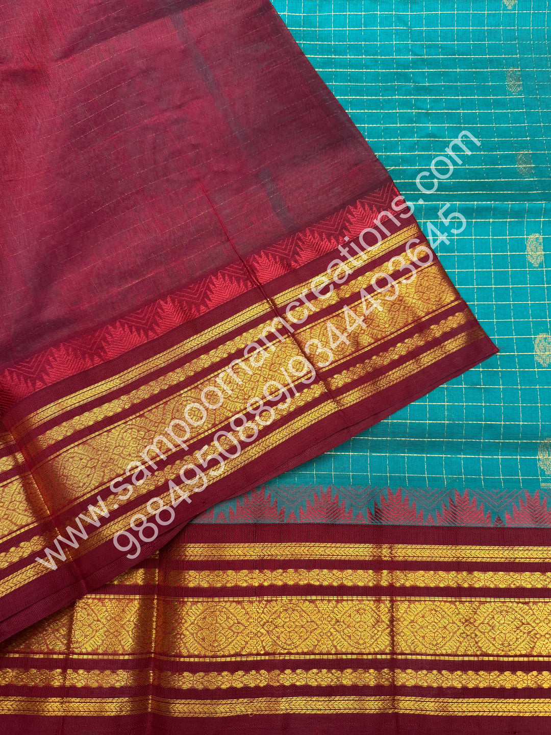 Rama Blue with Maroon ,  Rich Zari Checks with Mango Butta  in the body and Traditional Border , Grand Pallu Pure Korvai Silk Cotton Saree