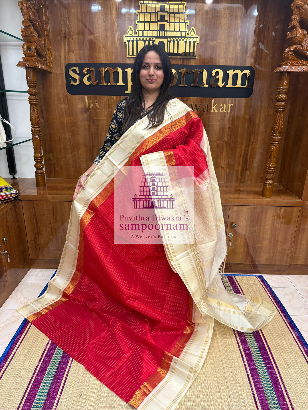 Red with Offwhite, Zari Body Checks, Rettapet Border and Grand Pallu Korvai Silk Cotton Saree