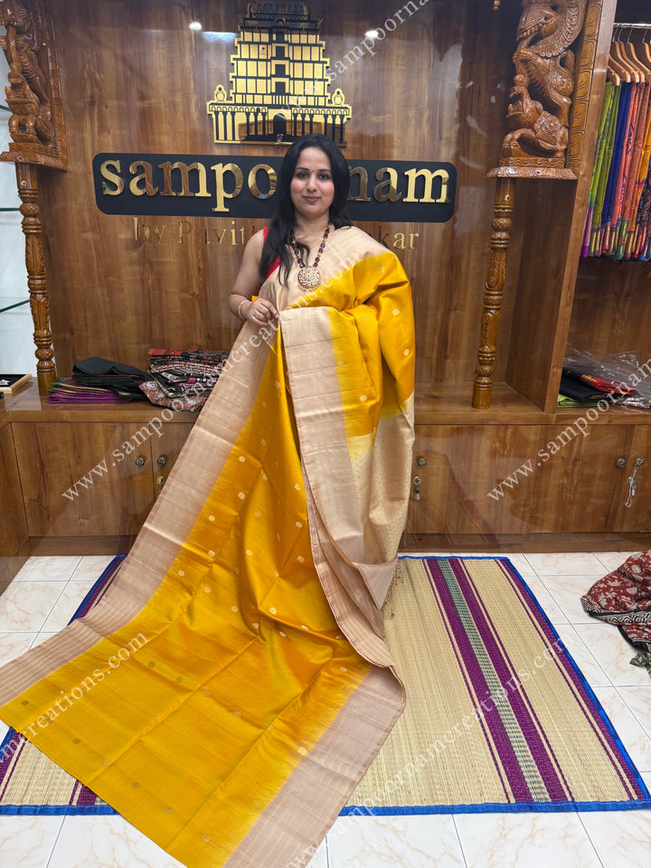 Yellow with Biege, Checks in the Borders and Rich Butta in the Body and Grand Pallu , Pure Soft Silk Saree