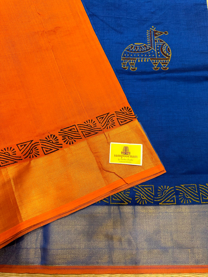 Blue with Orange Handblock Printed Semi Silk Cotton Saree