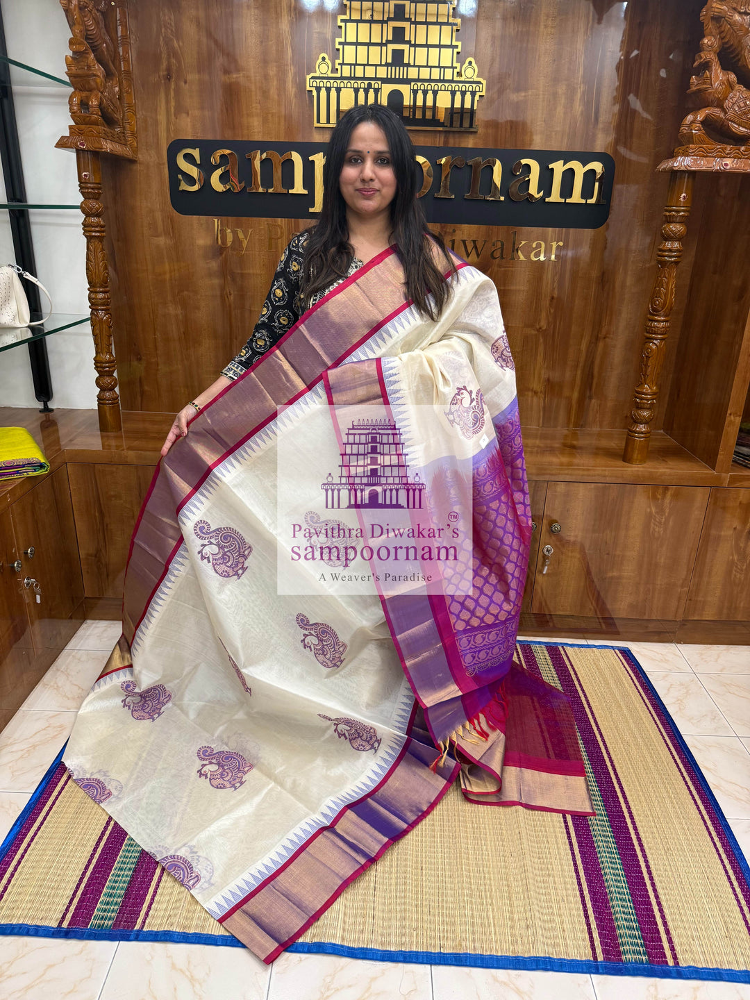 White with Magenta, Tissue Temple Border, Annam Handblock Printed Korvai SIlk Cotton Saree