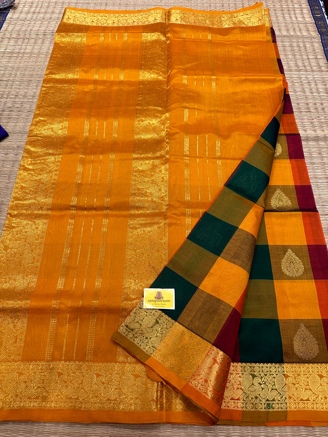 Mustard, Orange,Green, Maroon Big Butta Pallum Pazham Kattam Saree