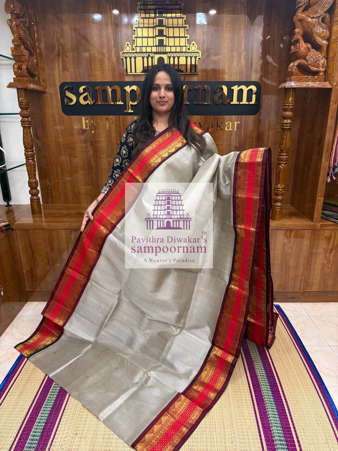 Light Grey with Dark Red, Body Zari Butta, Lakshadeepam Traditional Rettapet Borders, and Grand Pallu KSCS