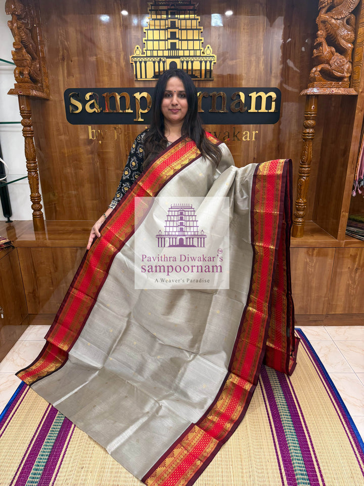 Light Grey with Dark Red, Body Zari Butta, Lakshadeepam Traditional Rettapet Borders, and Grand Pallu KSCS