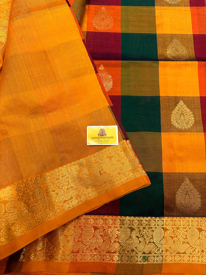 Mustard, Orange,Green, Maroon Big Butta Pallum Pazham Kattam Saree