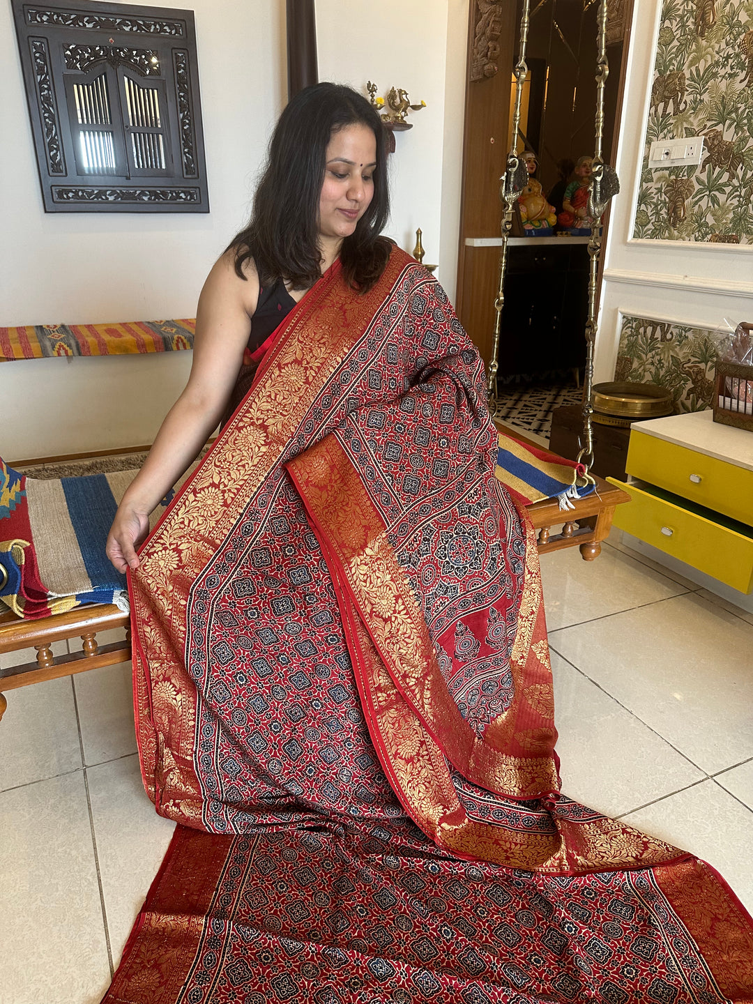 Red Ajrakh Natural Handblock Printed , Minakari Rich Border and Pallu Pure Dola Silk Saree