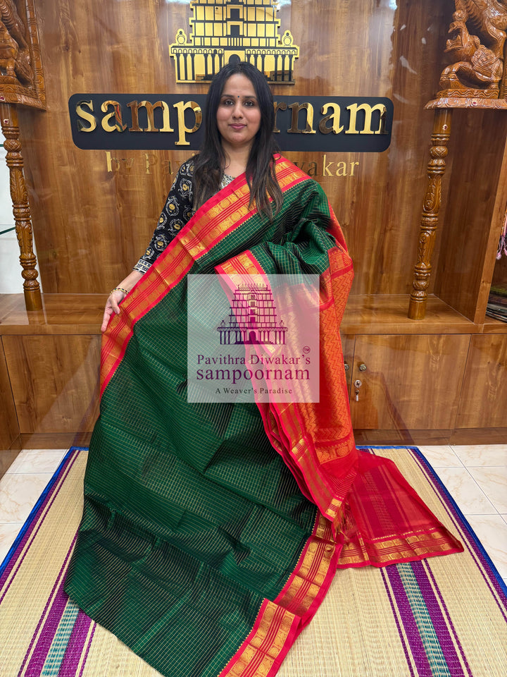 Dark Green with Red, Rich Zari Kattam in the Body, Rettapet Border and Grand Pallu,Korvai Silk Cotton Saree