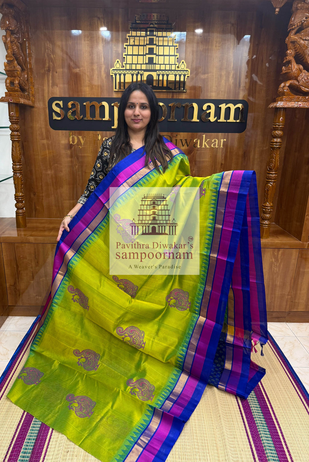 Sneha Green with Blue, Tissue Three Colour Border, Annam Handblock Printed Korvai SIlk Cotton Saree