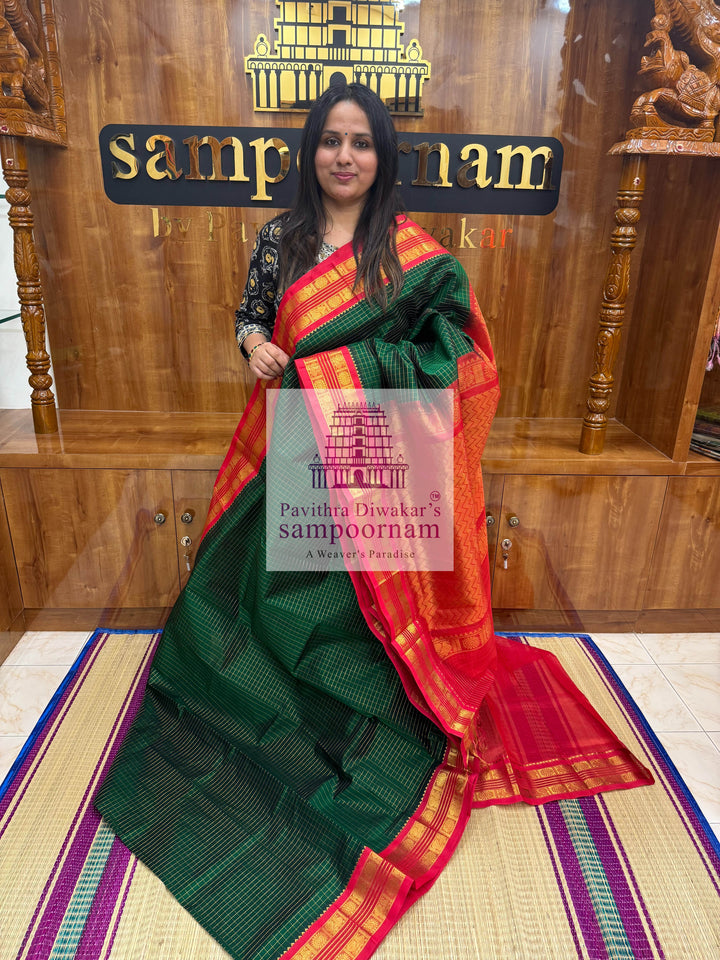 Dark Green with Red, Rich Zari Kattam in the Body, Rettapet Border and Grand Pallu,Korvai Silk Cotton Saree