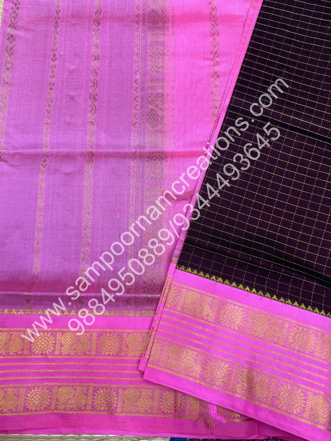 Brown with Baby Pink ,Rich Zari Checks in the body and Rettapet Border , Grand Pallu Pure Korvai Silk Cotton Saree