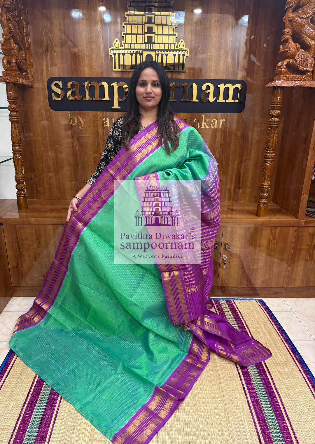 Turquoise Blue with Purple, Rettapet Traditional Borders, Rich Zari Checks in the Body and Grand Pallu ,Korvai Silk Cotton Saree