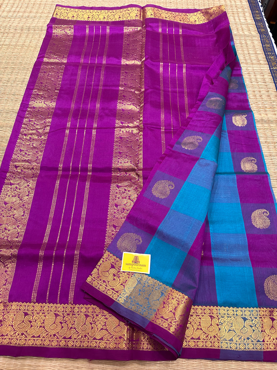 Ramar Blue with Dark Magenta Big butta Pallum Pazham Kattam Silk Cotton Saree