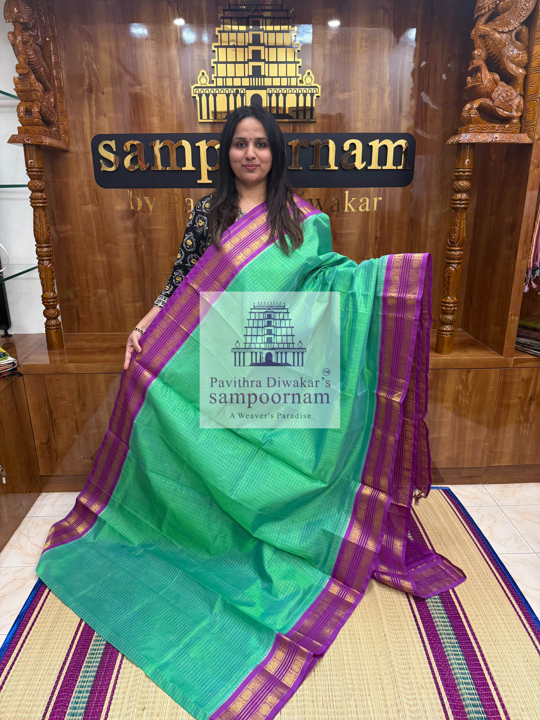 Turquoise Blue with Purple, Rettapet Traditional Borders, Rich Zari Checks in the Body and Grand Pallu ,Korvai Silk Cotton Saree