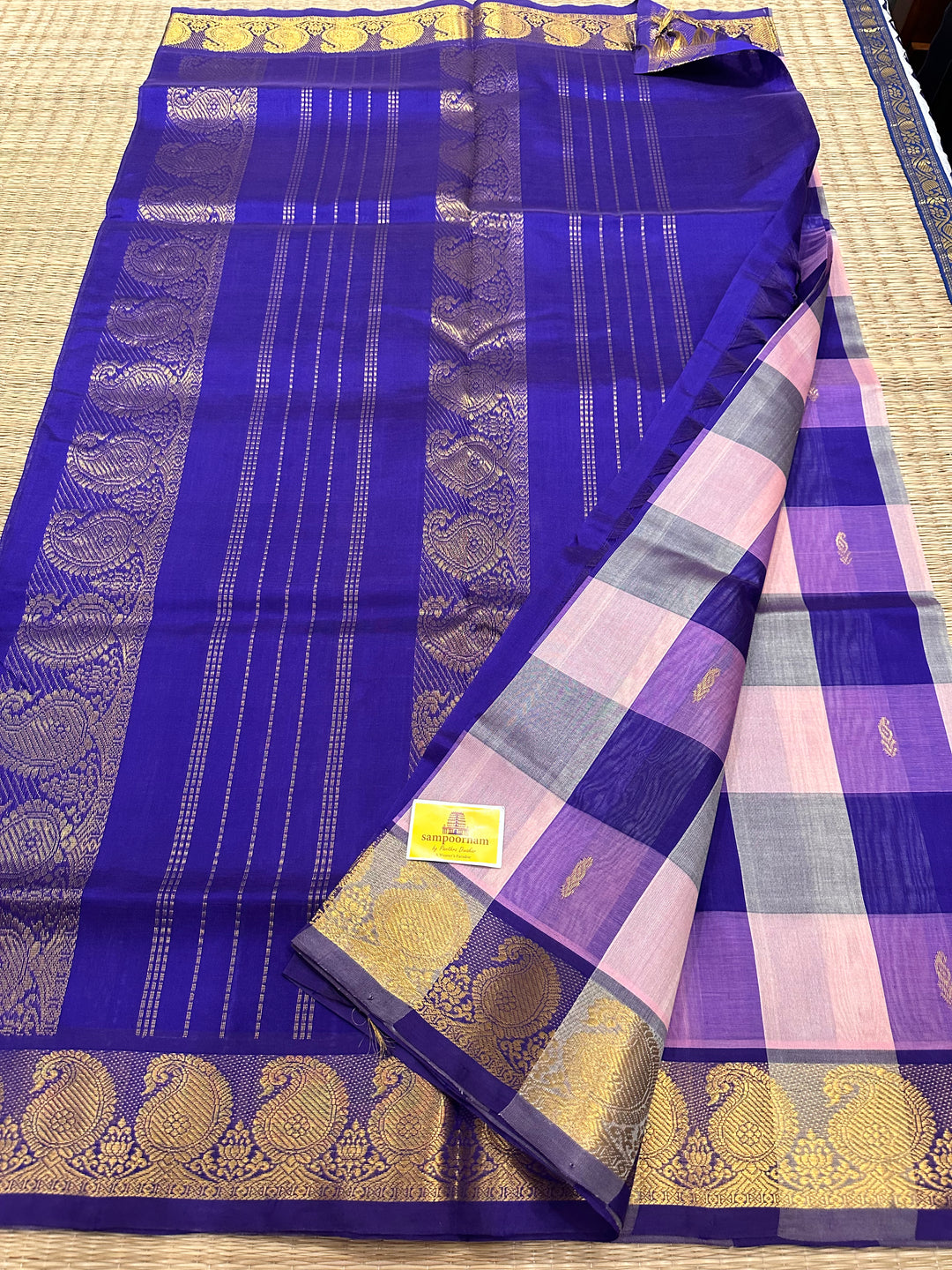 Onion Pink With Deep Indigo Big Butta Pallum Pazham Kattam Silk Cotton Saree