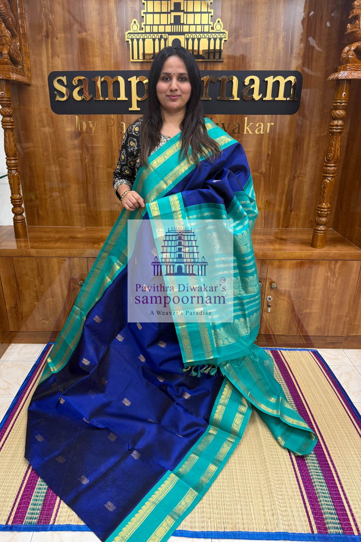 Dark Blue with Light Blue, Zari Butta in the body, Traditional Rettapet Border and Grand Pallu ,Korvai Silk Cotton Saree