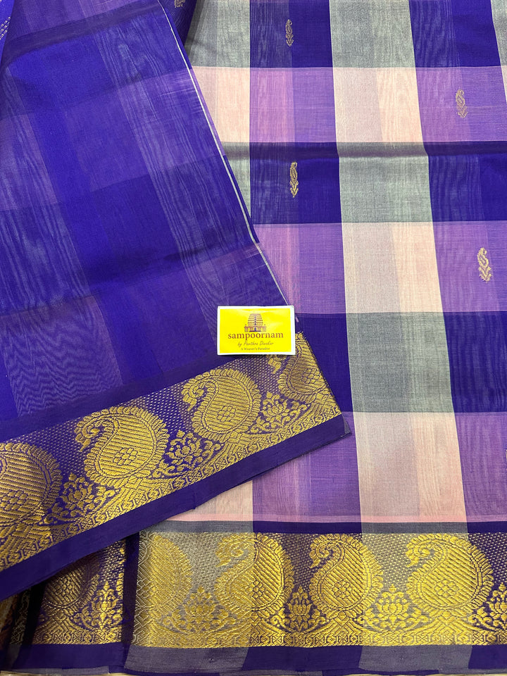 Onion Pink With Deep Indigo Big Butta Pallum Pazham Kattam Silk Cotton Saree