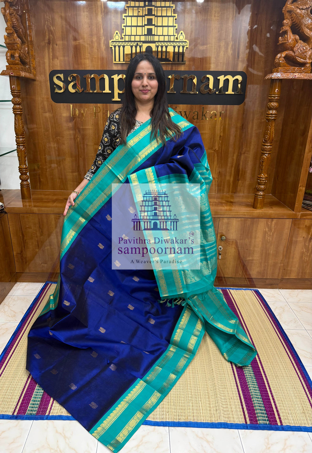 Dark Blue with Light Blue, Zari Butta in the body, Traditional Rettapet Border and Grand Pallu ,Korvai Silk Cotton Saree