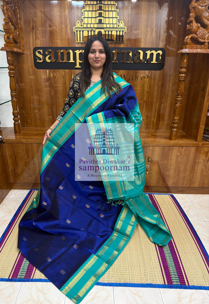 Dark Blue with Light Blue, Zari Butta in the body, Traditional Rettapet Border and Grand Pallu ,Korvai Silk Cotton Saree