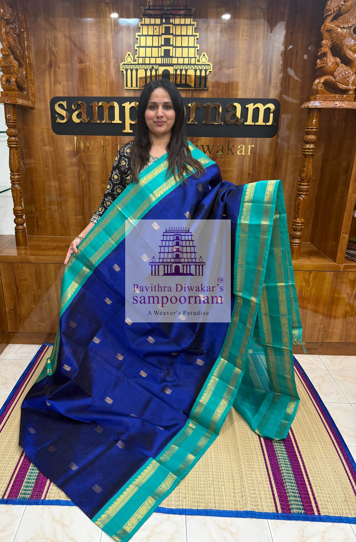 Dark Blue with Light Blue, Zari Butta in the body, Traditional Rettapet Border and Grand Pallu ,Korvai Silk Cotton Saree