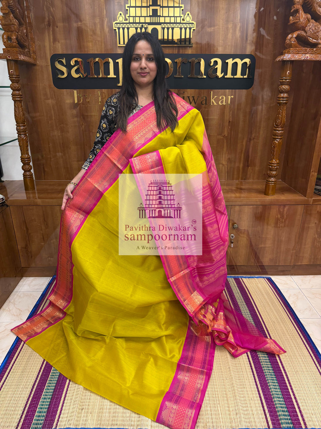 Lemon Yellow with Pink, Traditional Rettapet Border with Lakshadeepam Butta and Grand Pallu Korvai Silk Cotton Saree
