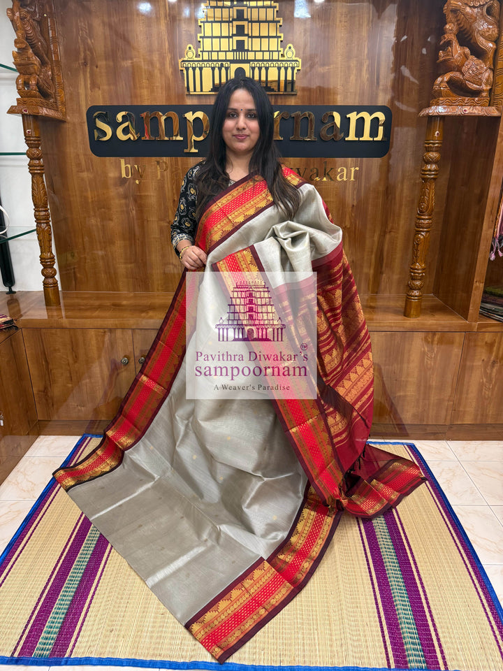 Light Grey with Dark Red, Body Zari Butta, Lakshadeepam Traditional Rettapet Borders, and Grand Pallu KSCS