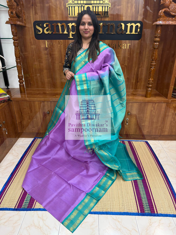 Lavender with Turquoise Blue, Rich Zari Checks in the Body, Rettapet Border and Grand Pallu Korvai Silk Cotton Saree