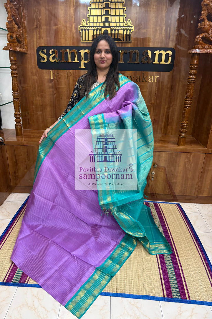 Lavender with Turquoise Blue, Rich Zari Checks in the Body, Rettapet Border and Grand Pallu Korvai Silk Cotton Saree