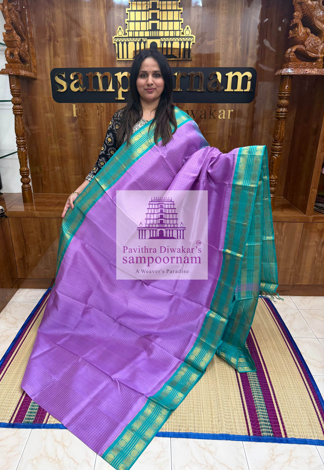 Lavender with Turquoise Blue, Rich Zari Checks in the Body, Rettapet Border and Grand Pallu Korvai Silk Cotton Saree