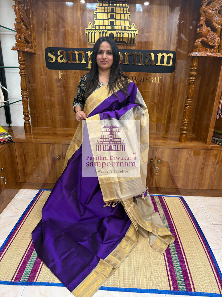 Purple with Beige, Traditional Borders and Rich Pallu ,Korvai Silk Cotton Saree