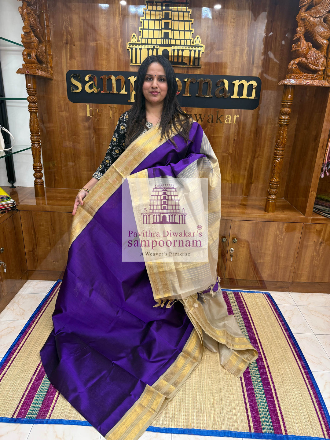 Purple with Beige, Traditional Borders and Rich Pallu ,Korvai Silk Cotton Saree