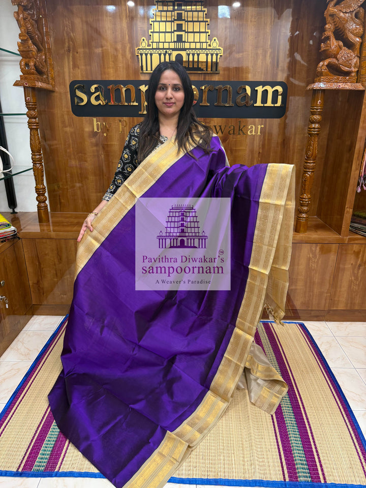 Purple with Beige, Traditional Borders and Rich Pallu ,Korvai Silk Cotton Saree