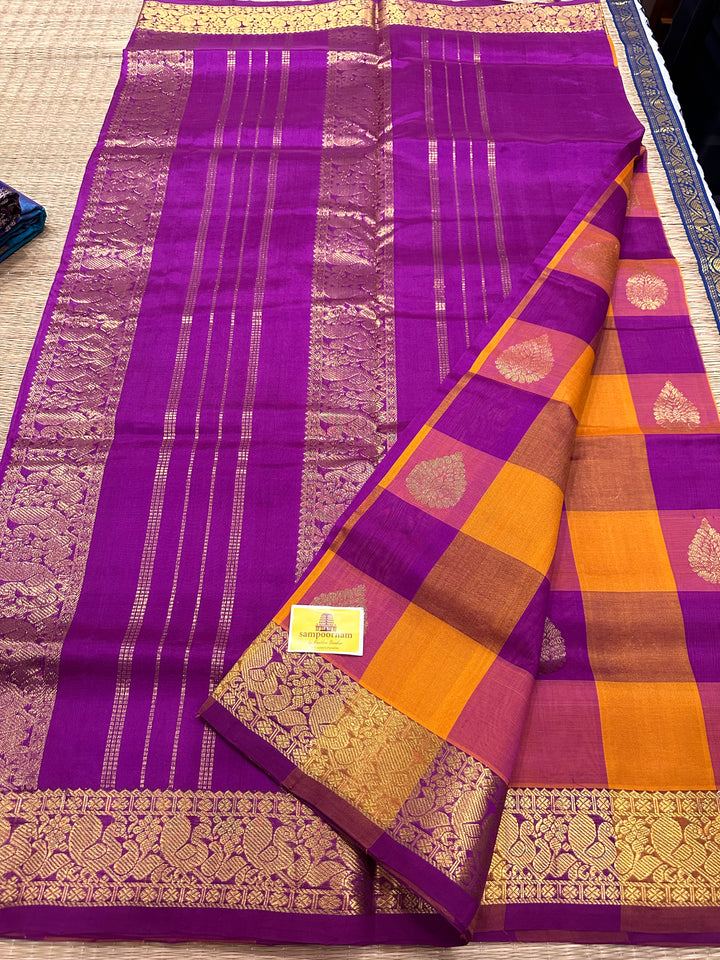 Orange with Dark Magenta Big Butta Pallum Pazham Kattam Silk Cotton Saree