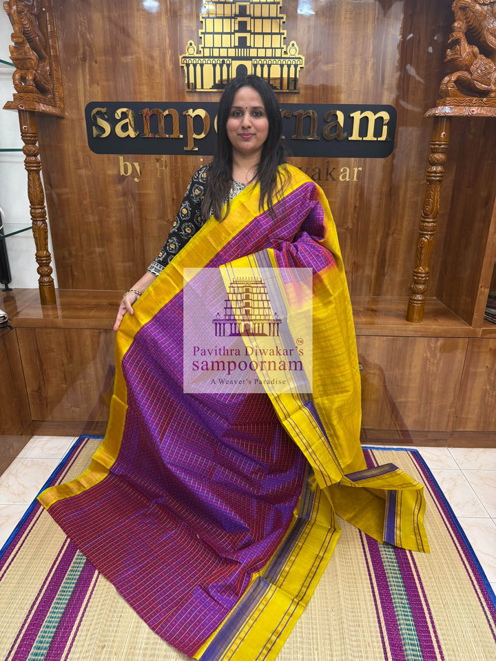 Purple with Lemon Yellow, Lakshadeepam Zari Butta in the Body, Rettapet Border and Grand Pallu ,Korvai Silk Cotton Saree