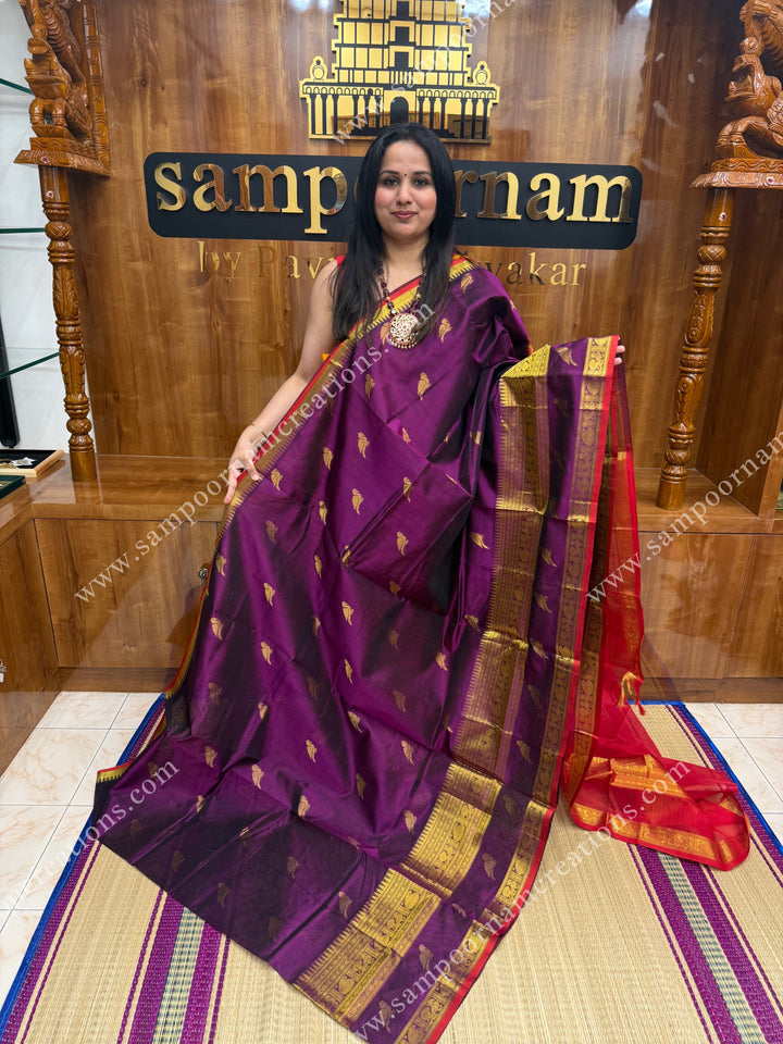 Vadamalli with Red , Zari Parrot motif in the body and  One side big rettapet border , grand Pallu Silk Cotton Saree