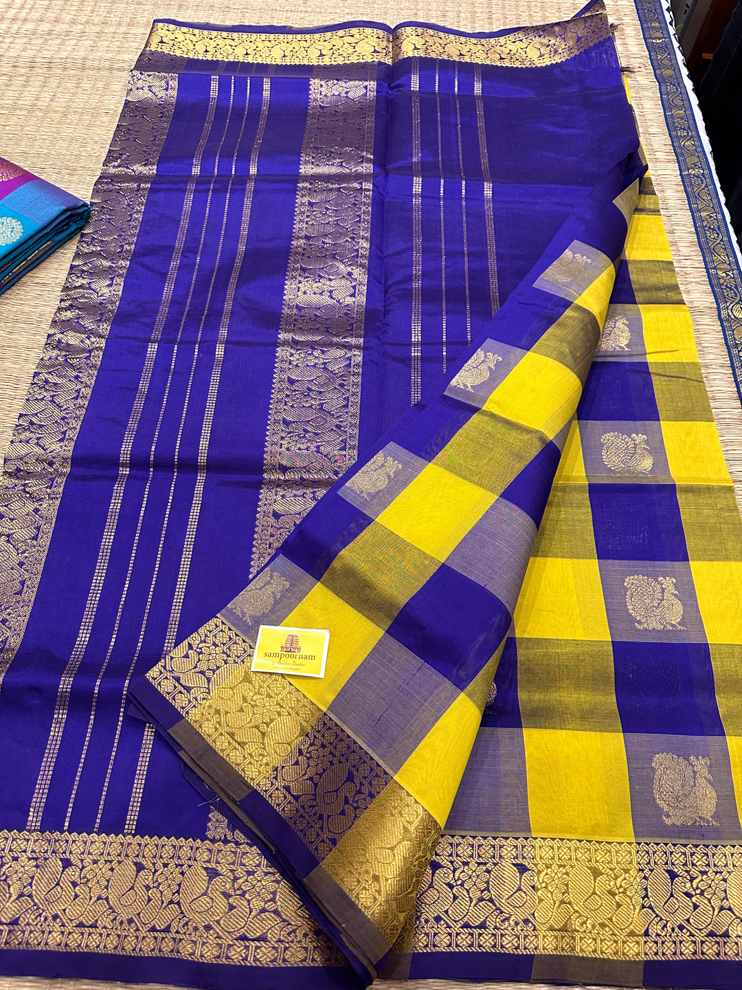 Lemon Yellow with Blue Big Butta Pallum Pazham Kattam Silk Cotton Saree