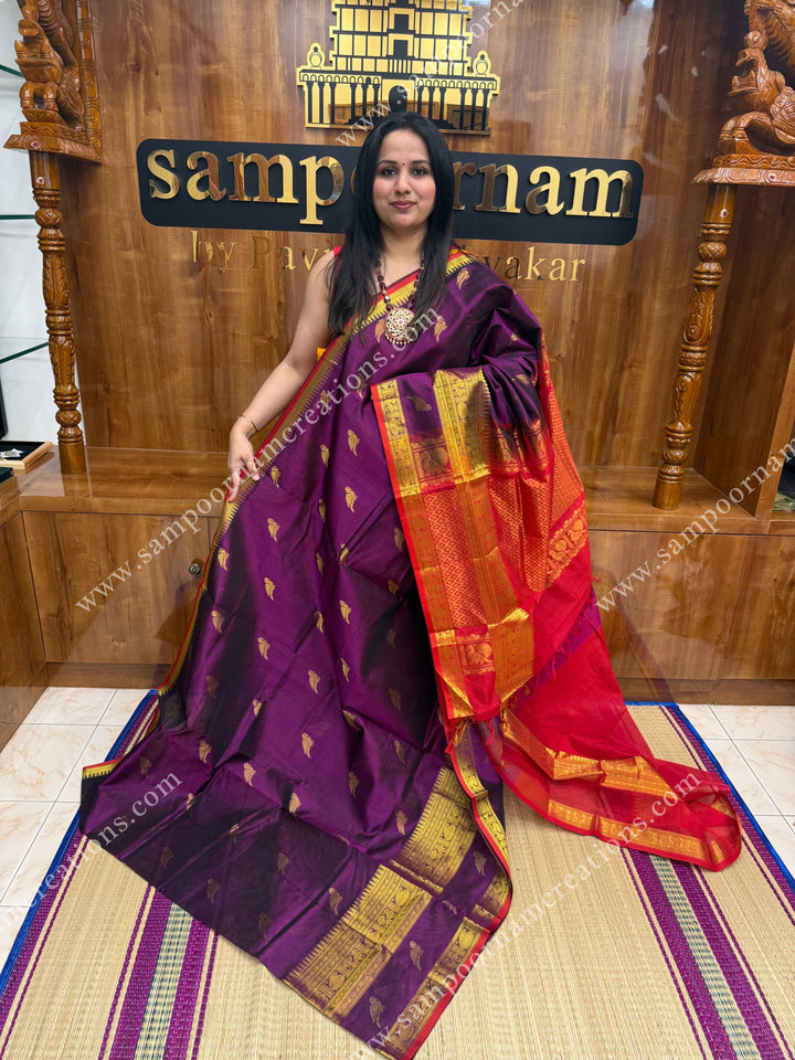 Vadamalli with Red , Zari Parrot motif in the body and  One side big rettapet border , grand Pallu Silk Cotton Saree