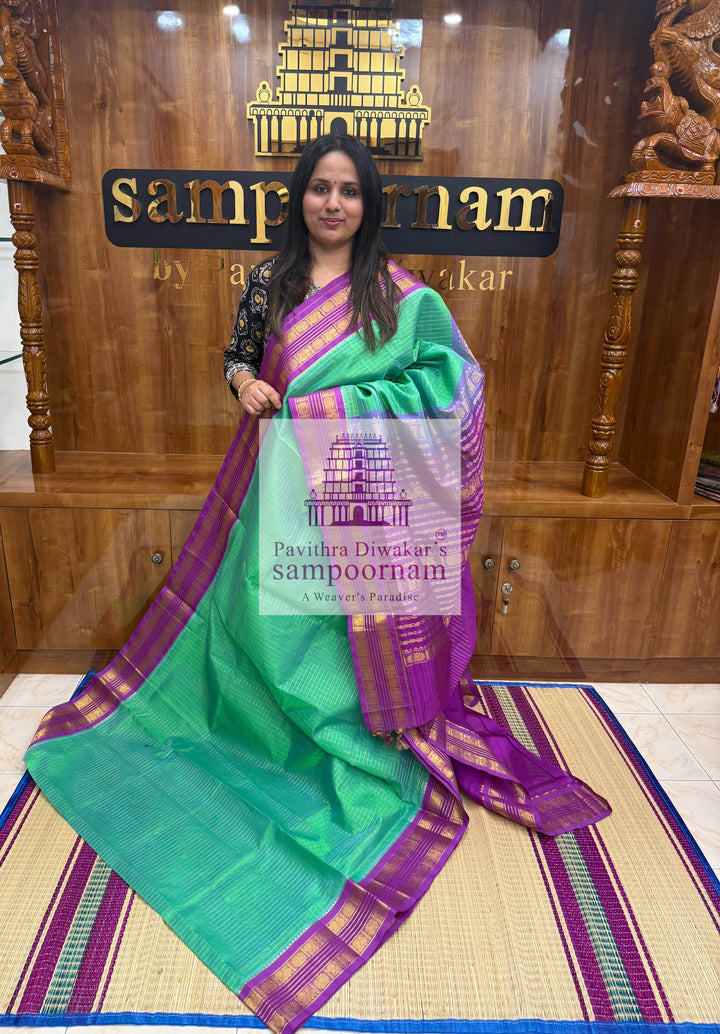 Turquoise Blue with Purple, Rettapet Traditional Borders, Rich Zari Checks in the Body and Grand Pallu ,Korvai Silk Cotton Saree