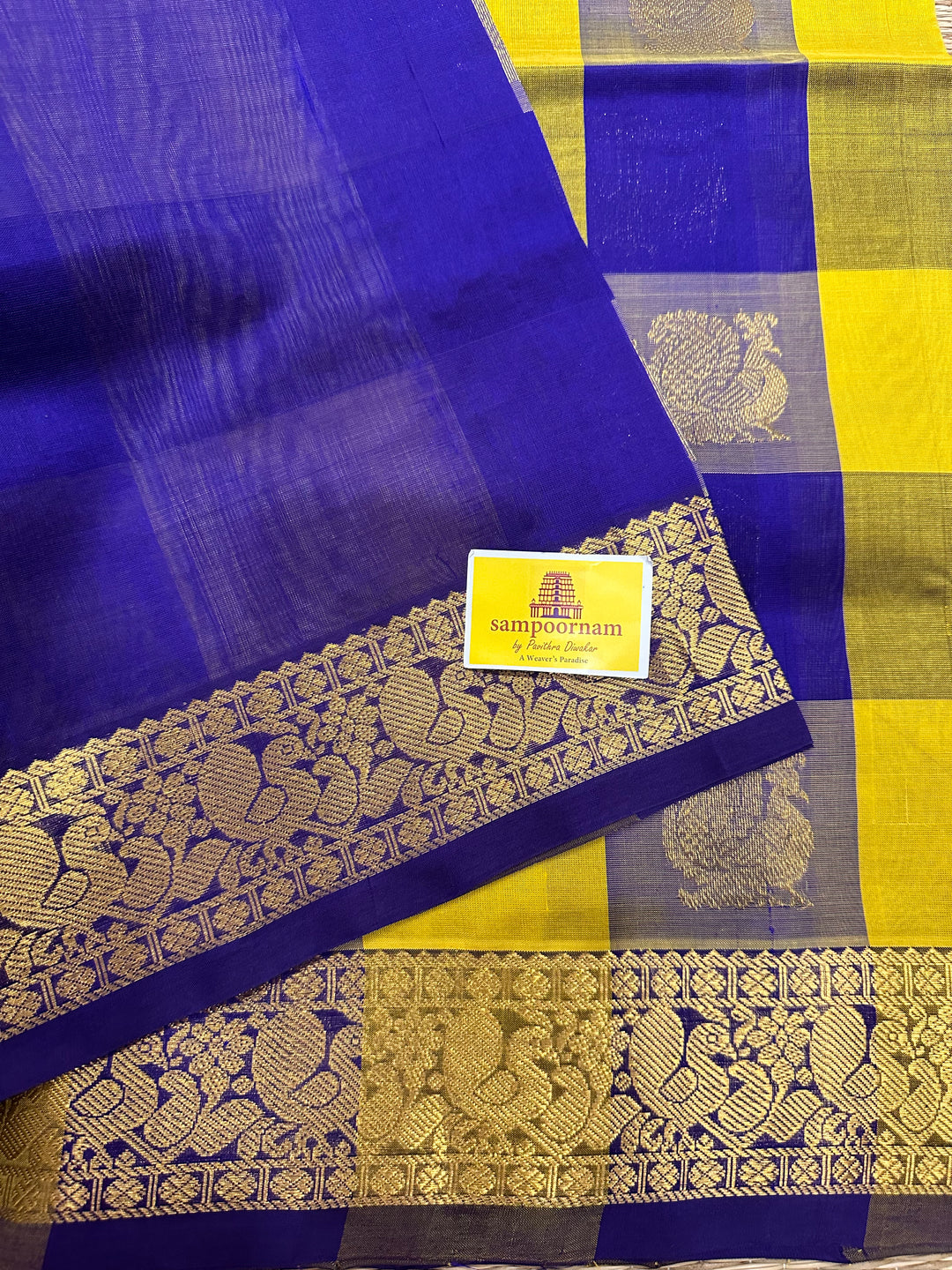 Lemon Yellow with Blue Big Butta Pallum Pazham Kattam Silk Cotton Saree